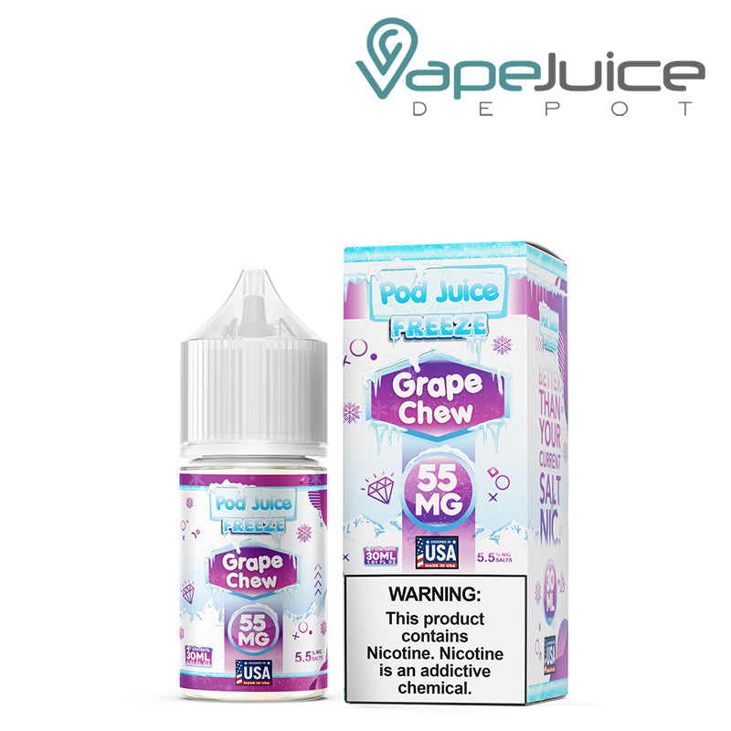 A 30ml bottle of Grape Chew Freeze Pod Juice TFN Salt and a box with a warning sign next to it - Vape Juice Depot