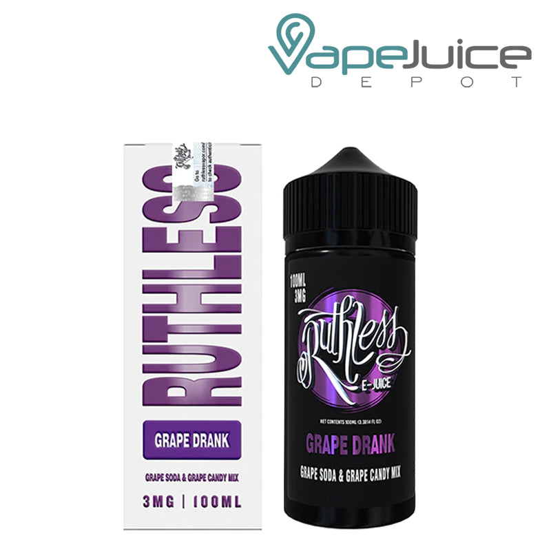 A box of Grape Drank Ruthless Vapor and 100ml bottle next to it - Vape Juice Depot