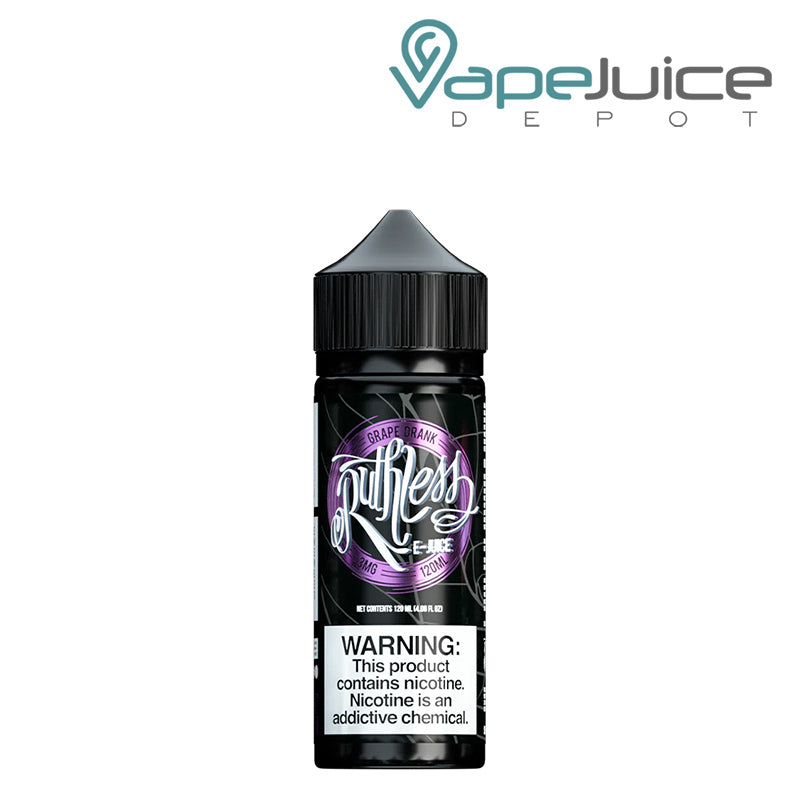 A 120ml bottle of Grape Drank Ruthless Vapor with a warning sign - Vape Juice Depot