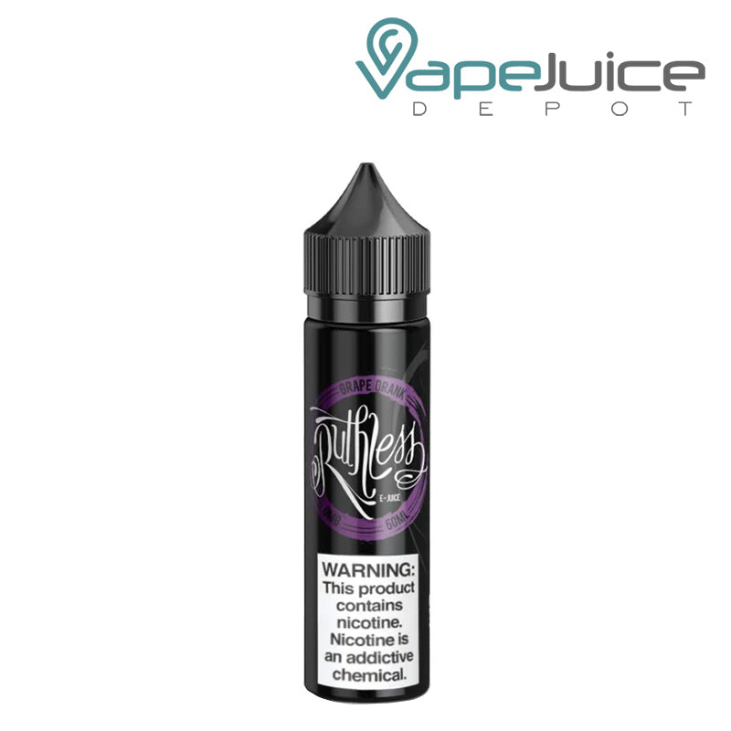 A 60ml bottle of Grape Drank Ruthless Vapor with a warning sign - Vape Juice Depot