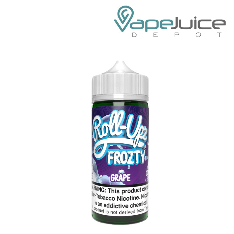 A 100ml bottle of Grape Ice Juice Roll Upz with a warning sign - Vape Juice Depot