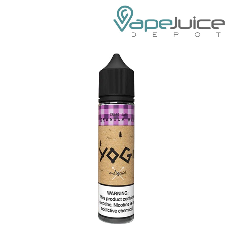 A 60ml bottle of Grape Granola Bar YOGI eLiquid with a warning sign - Vape Juice Depot