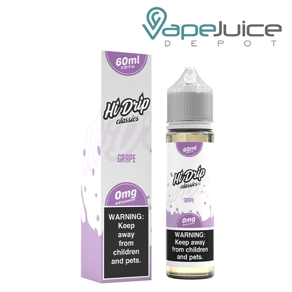 A box of Grape Hi-Drip Classics with a warning sign and a 60ml bottle next to it - Vape Juice Depot