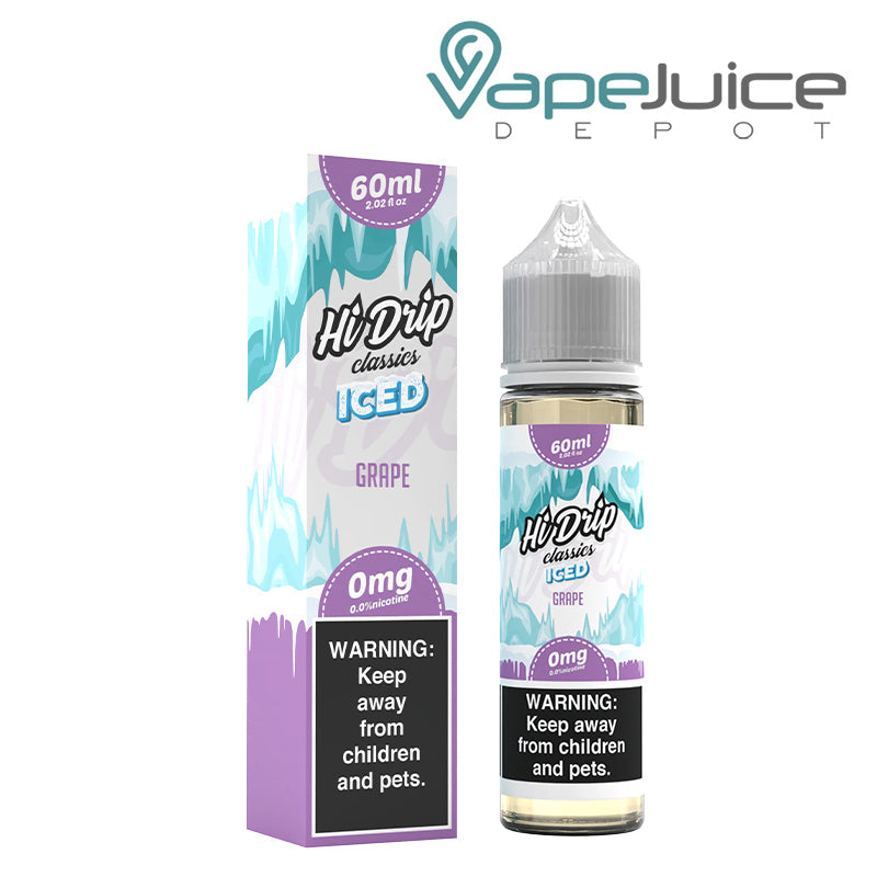 A box of Grape Iced Hi-Drip Classics with a warning sign and a 60ml bottle next to it - Vape Juice Depot