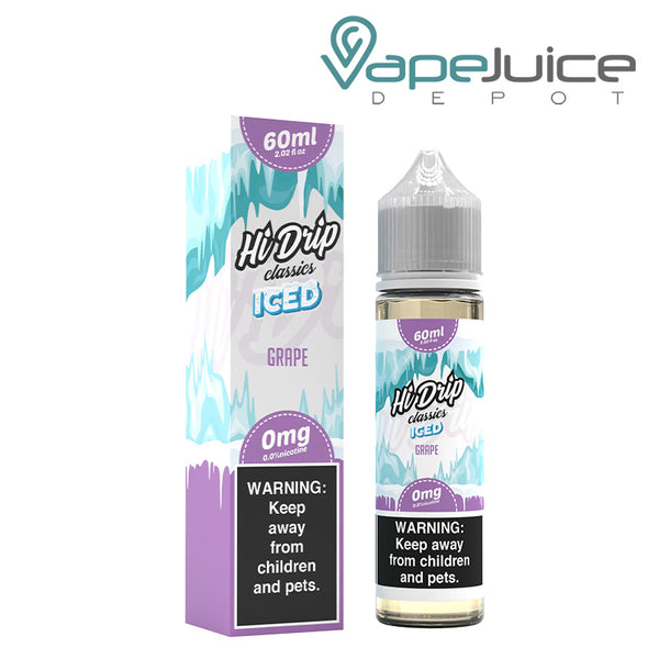 A box of Grape Iced Hi-Drip Classics with a warning sign and a 60ml bottle next to it - Vape Juice Depot