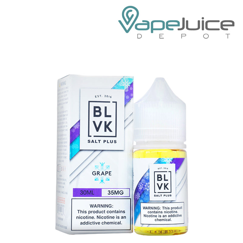 A box of Grape Ice BLVK Salt Plus with a warning sign and a 30ml bottle next to it - Vape Juice Depot