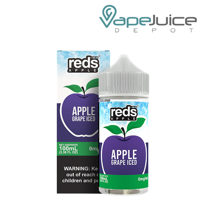 A box of Grape Iced 7Daze Reds Apple eJuice 100ml with a warning sign and a 100ml bottle next to it - Vape Juice Depot