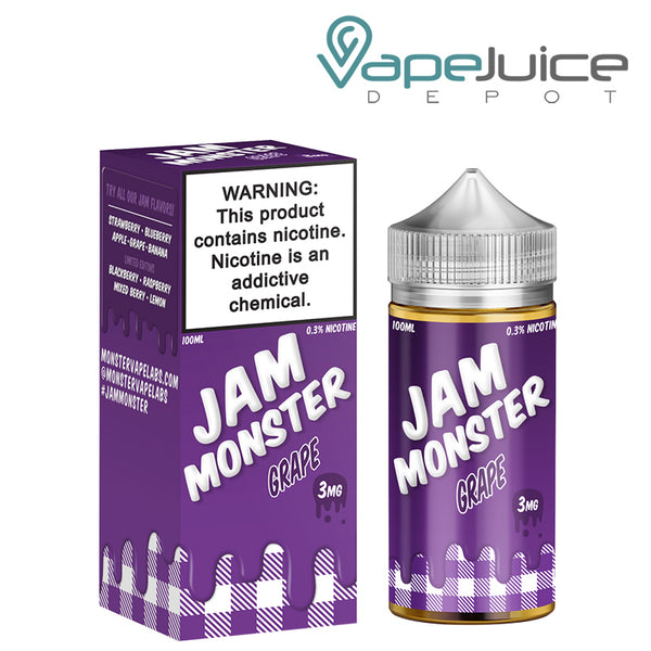 A box of Grape Jam Monster eLiquid with a warning sign and a 100ml bottle next to it - Vape Juice Depot
