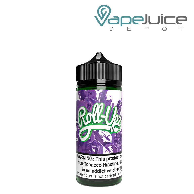 A 100ml bottle of Grape Juice Roll Upz with a warning sign - Vape Juice Depot