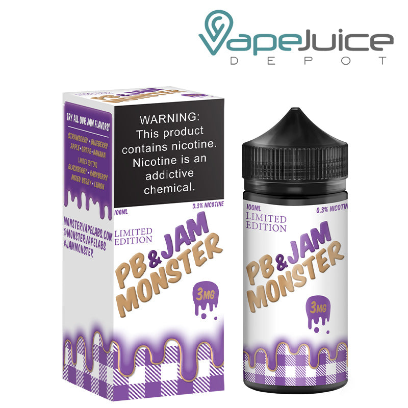 A box of Grape PB and Jam Monster eLiquid with a warning sign and a 100ml bottle next to it - Vape Juice Depot