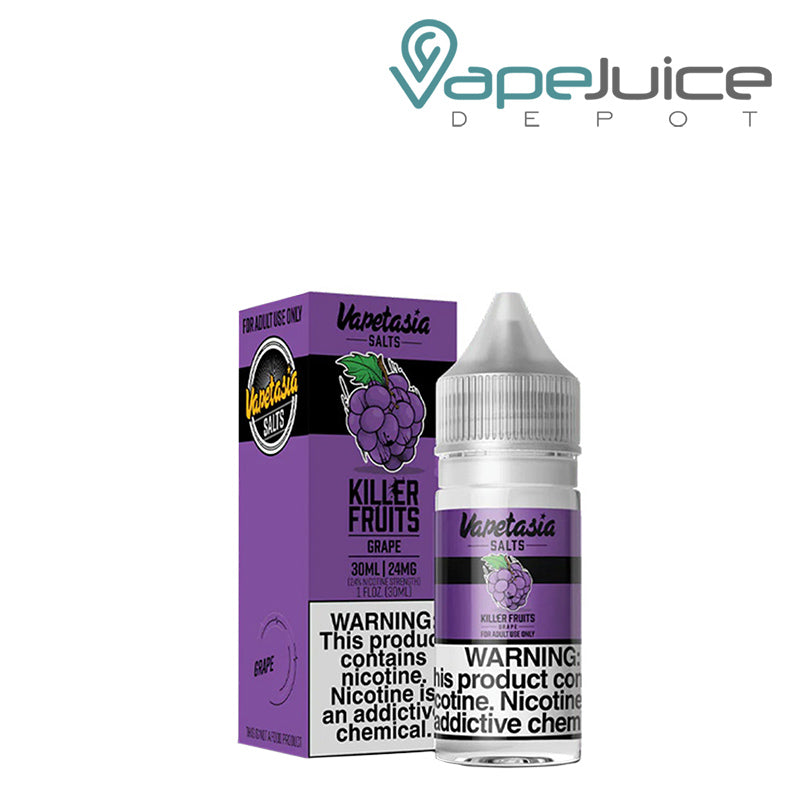 A Box of Grape Vapetasia Salts with a warning sign and a 30ml bottle next to it - Vape Juice Depot