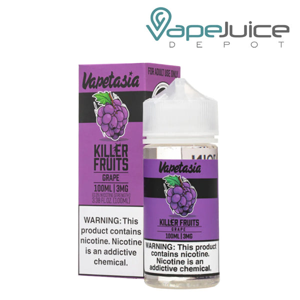 A box of Grape Vapetasia eLiquid with a warning sign and a 100ml bottle next to it - Vape Juice Depot