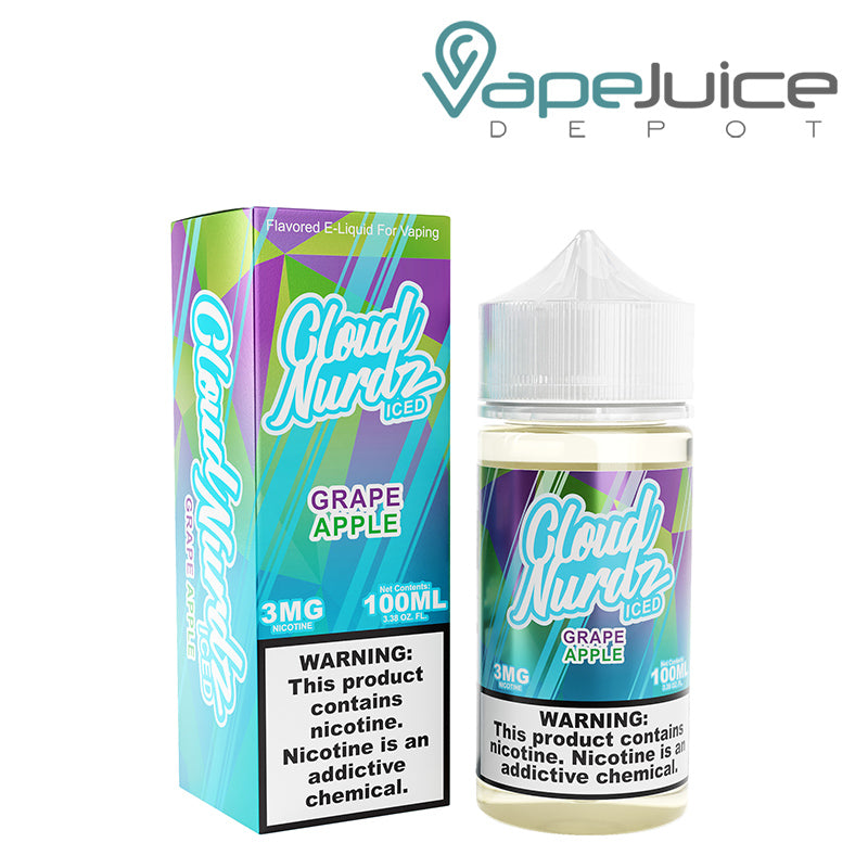 A box of Iced Grape Apple Cloud Nurdz and a 100ml bottle with a warning sign next to it - Vape Juice Depot