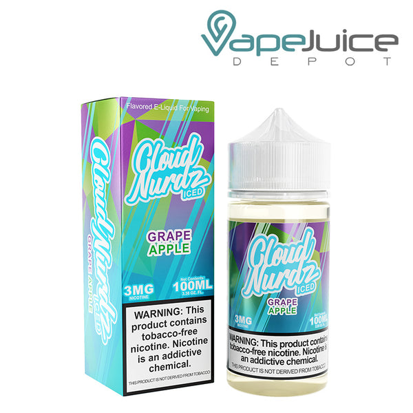 A box of Iced Grape Apple Cloud Nurdz TFN and a 100ml bottle with a warning sign next to it - Vape Juice Depot