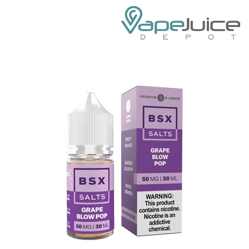 A 30ml bottle of Grape Blow Pop BSX Salts and a box with a warning sign next to it - Vape Juice Depot