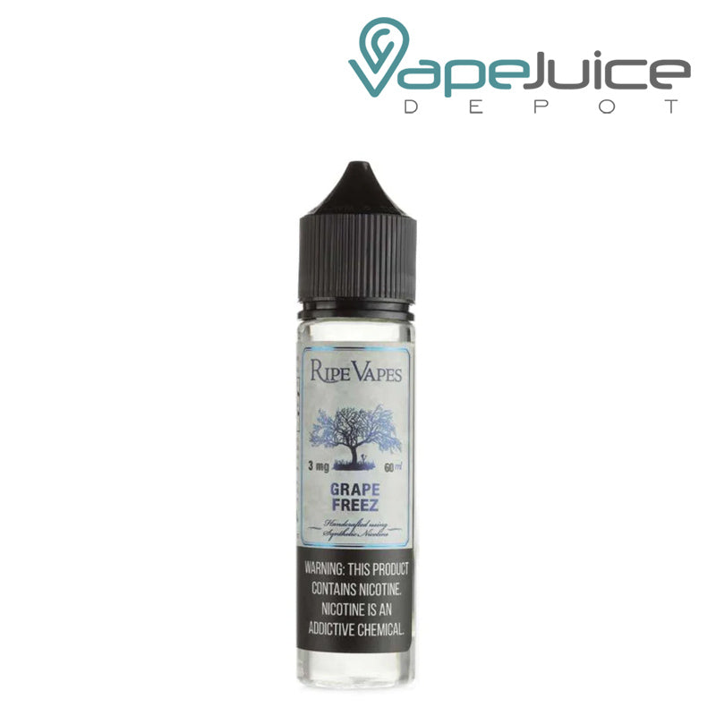 A 60ml bottle of Grape Freez Ripe Vapes eLiquid with a warning sign - Vape Juice Depot