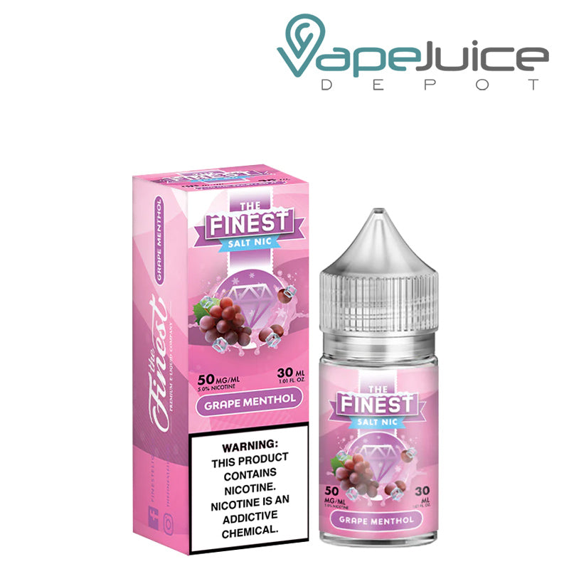 A box of Grape Menthol Finest SaltNic Series with a warning sign and a 30ml bottle next to it - Vape Juice Depot