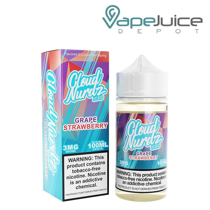 A box of ICED Strawberry Grape Cloud Nurdz and a 100ml bottle with a warning sign next to it - Vape Juice Depot