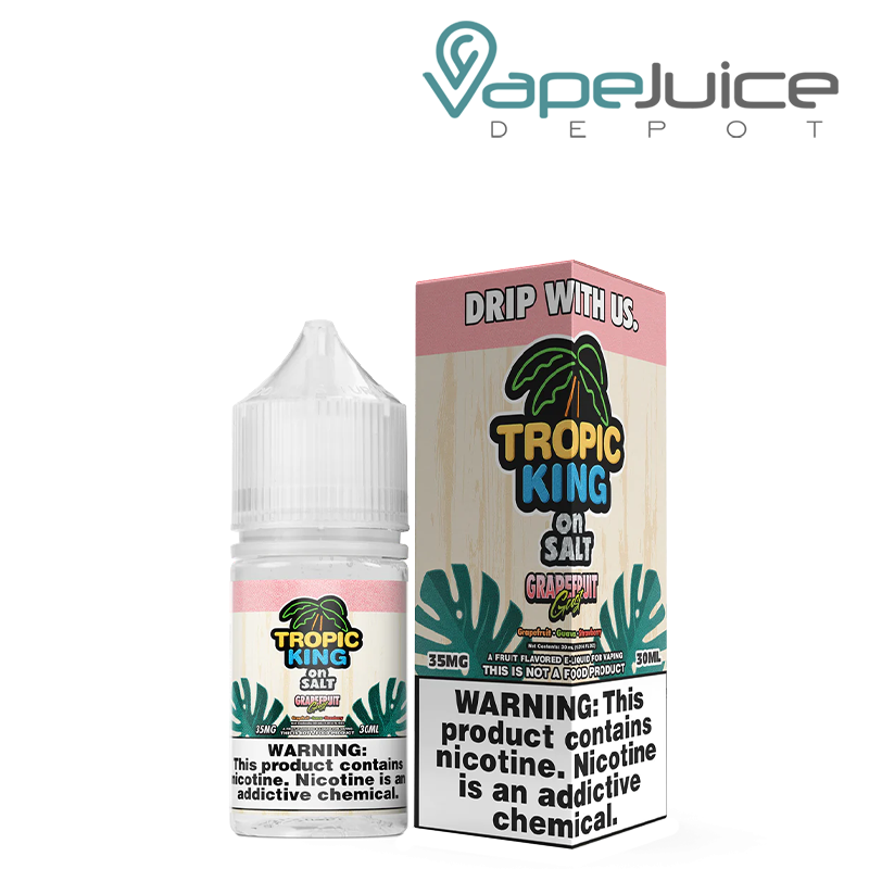 A 30ml bottle of Grapefruit Gust Tropic King On Salt and a box with a warning sign next to it - Vape Juice Depot
