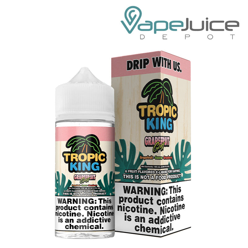 A 100ml bottle of Grapefruit Gust Tropic King eLiquid and a box with a warning sign next to it - Vape Juice Depot