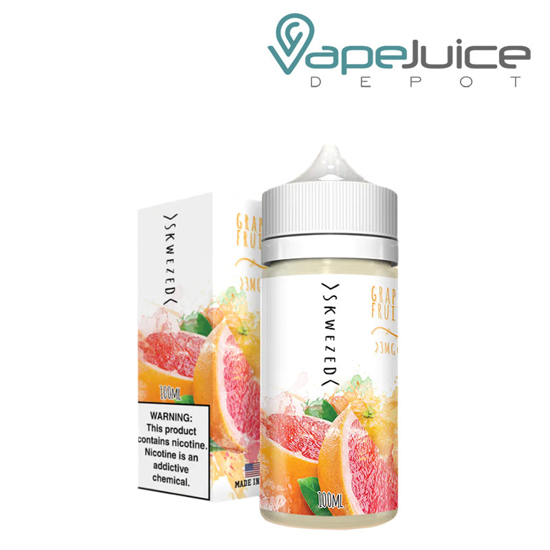 A box of Grapefruit Skwezed eLiquid with a warning sign and a 100ml bottle next to it - Vape Juice Depot