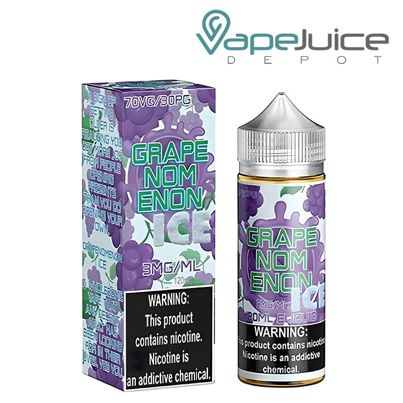 A Box of Grapenomenon Nomenon eLiquid with a warning sign next to its 120ml bottle - Vape Jucie Depot