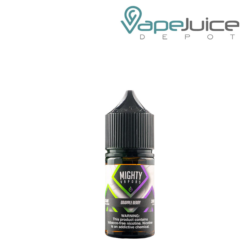 A 30ml bottle of Grapple Berry Salts Mighty Vapors with a warning sign - Vape Juice Depot