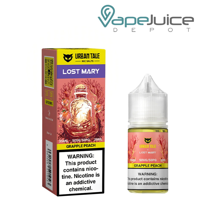 A Box of Grapple Peach Urban Tale x Lost Mary Salt 35mg with a warning sign and a 30ml bottle next to it - Vape Juice Depot