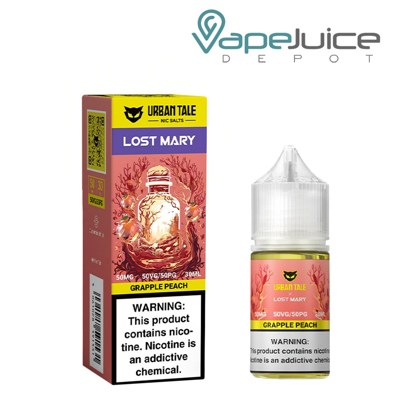 A Box of Grapple Peach Urban Tale x Lost Mary Salt 50mg with a warning sign and a 30ml bottle next to it - Vape Juice Depot