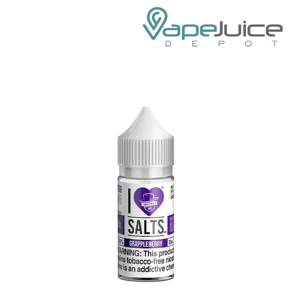 A 30ml bottle of Grappleberry I Love Salts by Mad Hatter with a warning sign - Vape Juice Depot