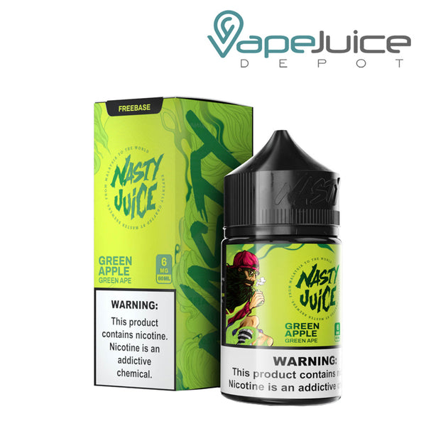 A box of Green Ape Nasty Juice with a warning sign and a 60ml bottle next to it - Vape Juice Depot