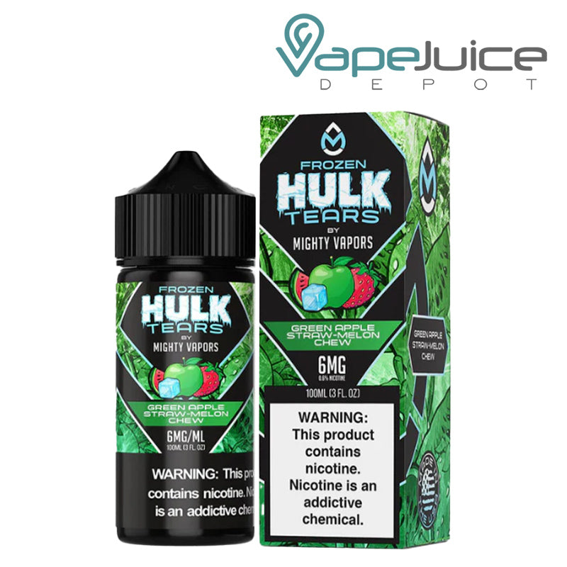 A 100ml Bottle of Green Apple Straw Melon Chew Hulk Tears next to a box with a warning sign - Vape Juice Depot