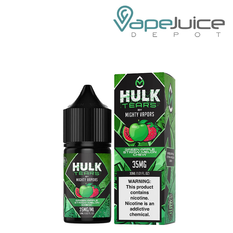 A 30ml bottle of Green Apple Straw Melon Chew Hulk Tears Salts and a box with a warning sign next to it - Vape Juice Depot