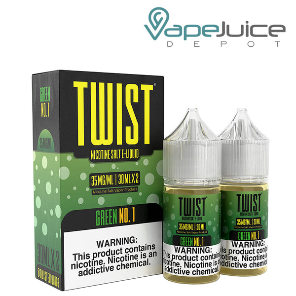 A box of Green No 1 Twist Salt E-Liquid 35mg with a warning sign and two 30ml bottles next to it - Vape Juice Depot