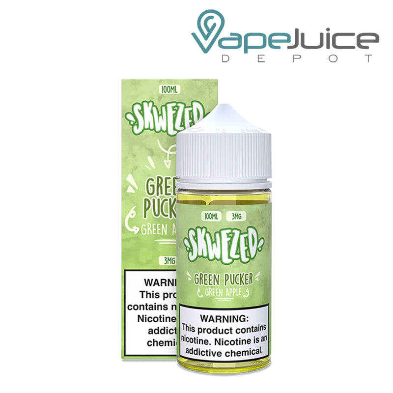 A box of Green Pucker Skwezed eLiquid with a warning sign and a 100ml bottle next to it - Vape Juice Depot