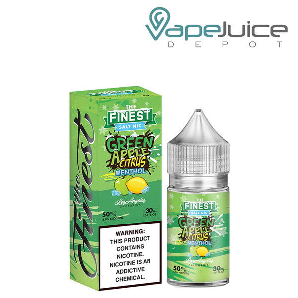 A box of Green Apple Citrus Menthol Finest SaltNic Series with a warning sign and a 30ml bottle next to it - Vape Juice Depot