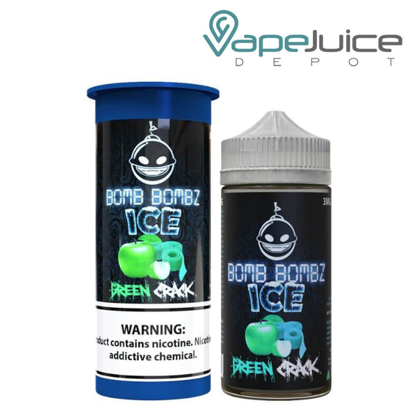 A box of Green Crack ICE Bomb Bombz eLiquid with a warning sign and a 100ml bottle next to it - Vape Juice Depot