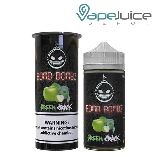 A box of Green Crack Bomb Bombz eLiquid with a warning sign and a 100ml bottle next to it - Vape Juice Depot