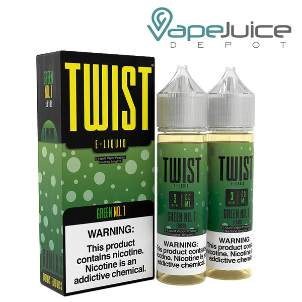 A box of Green No 1 Twist 3mg E-Liquid with a warning sign and a 60ml bottles next to it - Vape Juice Depot