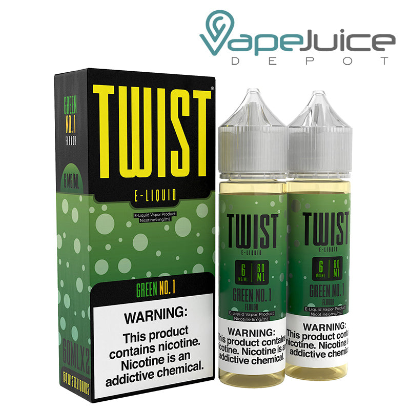 A box of Green No 1 Twist 6mg E-Liquid with a warning sign and a 60ml bottles next to it - Vape Juice Depot