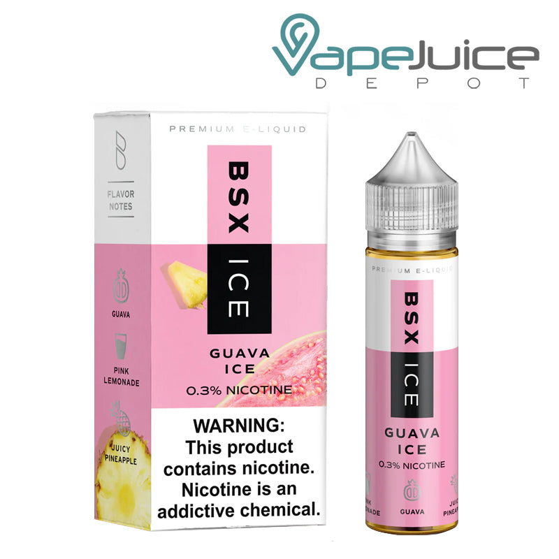 A box of Guava Ice Glas Basix TFN eLiquid with a warning sign and a 60ml bottle next to it - Vape Juice Depot