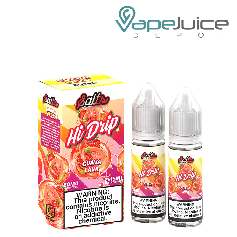 A box of Guava Lava Hi-Drip Salts and two 15ml bottles with a warning sign next to it - Vape Juice Depot
