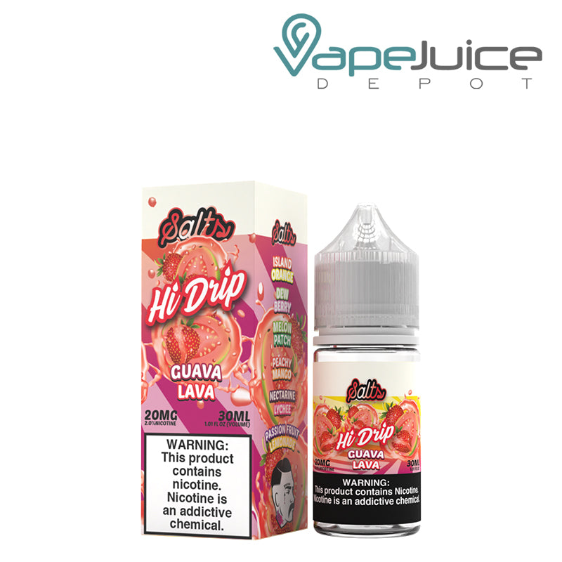 A box of Guava Lava Hi Drip Salts with a warning sign and a 30ml bottle next to it   - Vape Juice Depot 