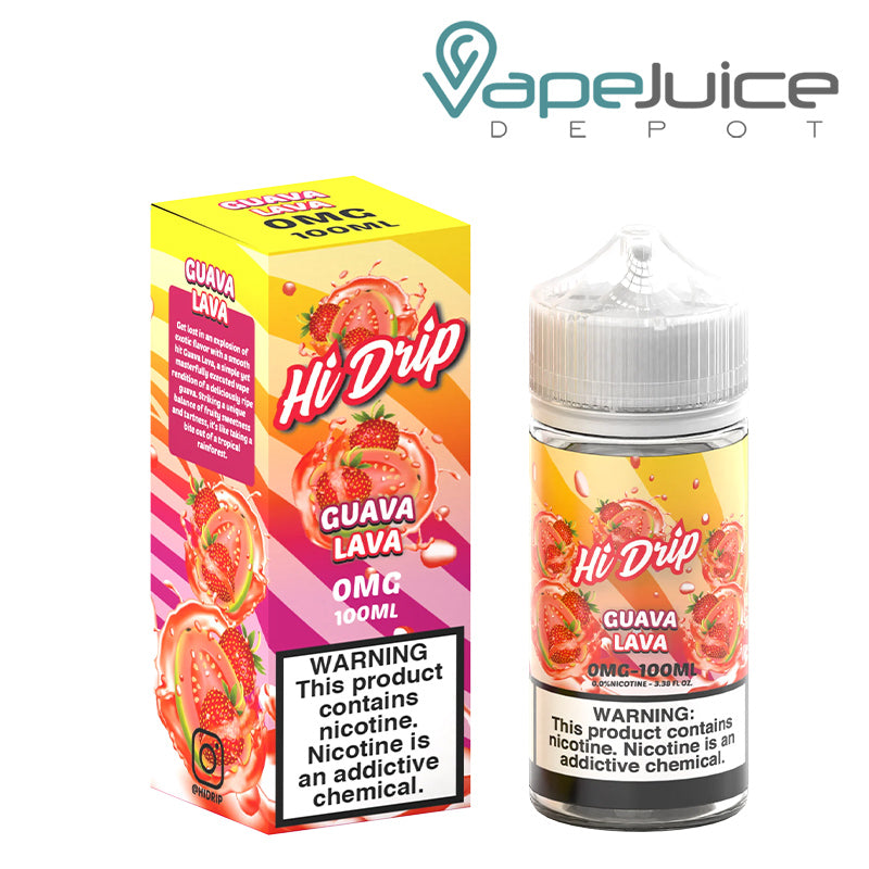 A box of 0mg Guava Lava Hi-Drip eLiquid with a warning sign and a 100ml bottle next to it - Vape Juice Depot