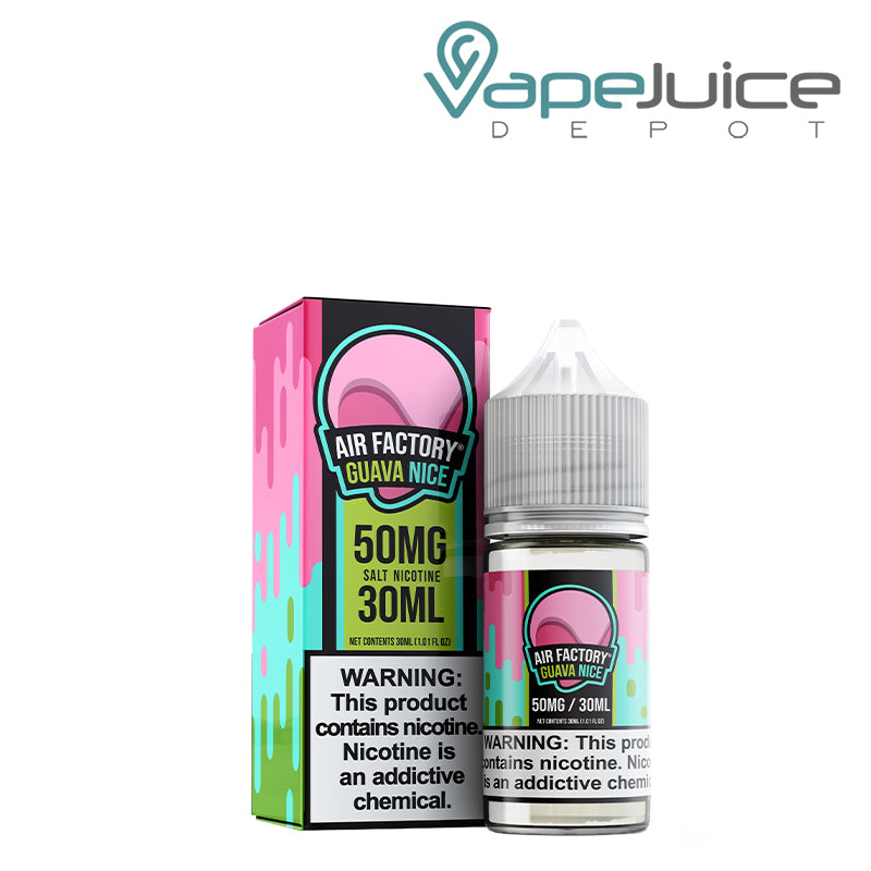 A box of Guava Nice Salts Air Factory Synthetic with a warning sign and a 30ml bottle next to it - Vape Juice Depot