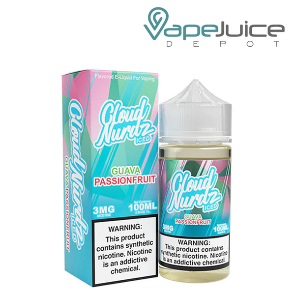 A box of Guava Passionfruit Iced TFN Cloud Nurdz with a warning sign and a 100ml bottle next to it - Vape Juice Depot