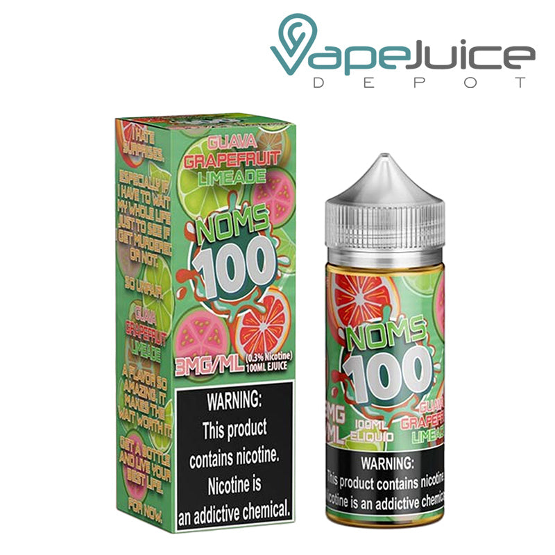 A Box of Guava Passionfruit Limeaide Noms 100 Series eLiquid with a warning sign next to a 100ml bottle - Vape Juice Depot