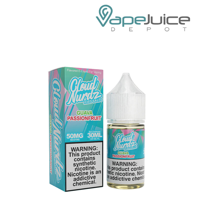 A box of Guava Passionfruit Iced TFN Salts Cloud Nurdz with a warning sign and a 30ml bottle next to it - Vape Juice Depot