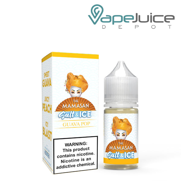 A box of Guava Peach Ice Salt The Mamasan eLiquid with a warning sign and a 30ml bottle next to it - Vape Juice Depot