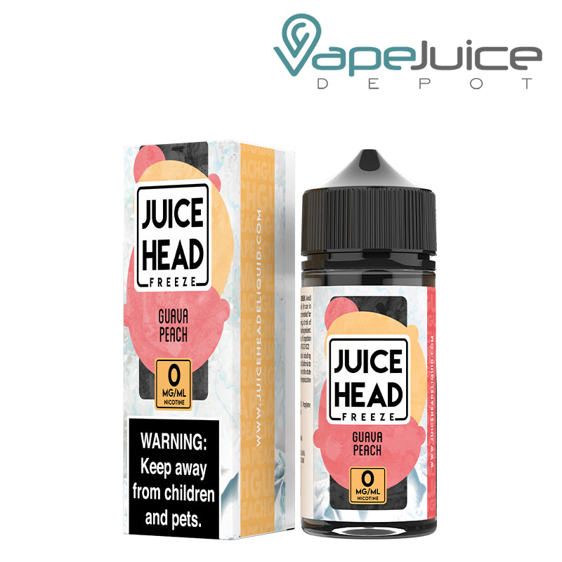 A box of 0mg Guava Peach Juice Head Freeze with a warning sign and a 100ml bottle next to it - Vape Juice Depot